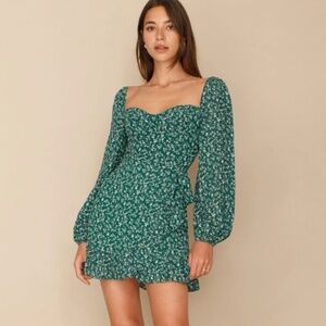 Reformation Green Floral Sweetheart Mini Dress Size 4 | Long Sleeve Ruffle Hem
